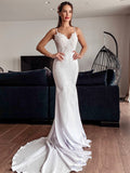 Trumpet/Mermaid Spaghetti Straps Applique Stretch Crepe Sleeveless Sweep/Brush Train Wedding Dresses TPP0005891
