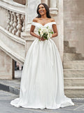 A-Line/Princess Off-the-Shoulder Ruched Sleeveless Satin Court Train Wedding Dresses TPP0005936
