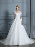 Ball Gown V-neck Long Sleeves Court Train Lace Tulle Wedding Dresses TPP0006228