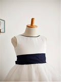 A-line/Princess Scoop Bowknot Sleeveless Tea-Length Tulle Flower Girl Dresses TPP0007839