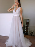 A-Line/Princess Tulle Lace Scoop Sleeveless Sweep/Brush Train Wedding Dresses TPP0006028