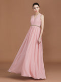 A-Line/Princess Lace Sleeveless Floor-Length Chiffon Ruched V-neck Bridesmaid Dresses TPP0005862