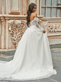 A-Line/Princess Tulle Applique Off-the-Shoulder Long Sleeves Sweep/Brush Train Wedding Dresses TPP0005915