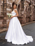 A-Line/Princess Satin Ruffles Straps Sleeveless Sweep/Brush Train Wedding Dresses TPP0006084