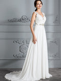A-Line/Princess Sleeveless V-neck Sweep/Brush Train Chiffon Wedding Dresses TPP0006487