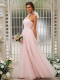 A-Line/Princess Tulle Ruffles Halter Sleeveless Floor-Length Bridesmaid Dresses TPP0004966