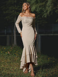 Trumpet/Mermaid Stretch Crepe Lace Off-the-Shoulder Long Sleeves Asymmetrical Bridesmaid Dresses TPP0004952