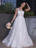 A-Line/Princess Lace Applique Square Sleeveless Sweep/Brush Train Wedding Dresses TPP0006059