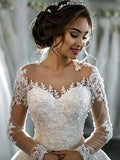 Ball Gown Applique Tulle Scoop Long Sleeves Court Train Wedding Dresses TPP0006274