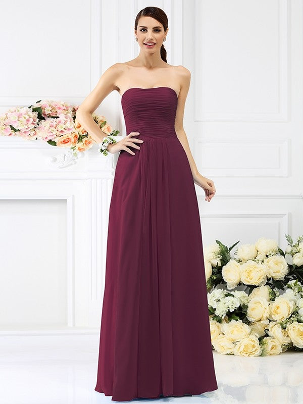A-Line/Princess Strapless Pleats Sleeveless Long Chiffon Bridesmaid Dresses TPP0005732