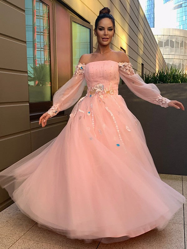 Ball Gown Hand-Made Flower Tulle Long Sleeves Off-the-Shoulder Floor-Length Dresses TPP0001485
