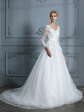 Ball Gown V-neck Long Sleeves Court Train Lace Tulle Wedding Dresses TPP0006228