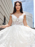 A-Line/Princess Tulle Applique V-neck Sleeveless Floor-Length Wedding Dresses TPP0006313