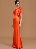 Trumpet/Mermaid One-Shoulder Sleeveless Floor-Length Ruched Satin Bridesmaid Dresses TPP0005353
