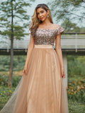 A-Line/Princess Tulle Sequin Off-the-Shoulder Sleeveless Floor-Length Bridesmaid Dresses TPP0005006