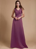 A-Line/Princess V-neck Long Sleeveless Elastic Woven Satin Bridesmaid Dresses TPP0005409