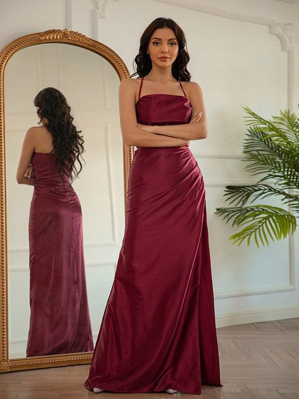 Sheath/Column Elastic Woven Satin Ruched Halter Sleeveless Floor-Length Dresses TPP0001521