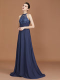A-Line/Princess Scoop Sleeveless Sweep Train Chiffon Lace Bridesmaid Dress TPP0005607