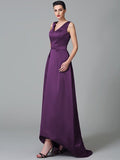 A-Line/Princess Straps Ruched Sleeveless High Low Satin Bridesmaid Dresses TPP0005525