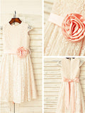 A-line/Princess Scoop Hand-made Flower Short Sleeves Tea-Length Lace Flower Girl Dresses TPP0007819