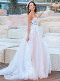 A-Line/Princess Sweetheart Tulle Applique Sleeveless Sweep/Brush Train Wedding Dresses TPP0006080