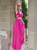 A-Line/Princess Satin Chiffon Ruched V-neck Sleeveless Floor-Length Two Piece Dresses TPP0004831