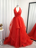 A-Line/Princess Sleeveless V-Neck Organza Ruffles Asymmetrical Dresses TPP0004839