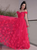 A-Line/Princess Tulle Hand-Made Flower Off-the-Shoulder Sleeveless Floor-Length Dresses TPP0001604