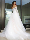 A-Line/Princess Long Sleeves Tulle Applique Off-the-Shoulder Court Train Wedding Dresses TPP0005989