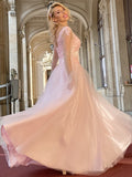 A-Line/Princess Tulle Applique V-neck Long Sleeves Floor-Length Dresses TPP0004855