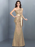 Trumpet/Mermaid One-Shoulder Lace Sleeveless Long Lace Bridesmaid Dresses TPP0005307