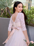A-Line/Princess Lace Applique Scoop 3/4 Sleeves Floor-Length Junior Bridesmaid Dresses TPP0005859