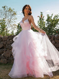 A-Line/Princess Tulle Ruffles V-neck Sleeveless Floor-Length Dresses TPP0001569