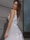 A-Line/Princess V-neck Tulle Sleeveless Applique Sweep/Brush Train Wedding Dresses TPP0006068