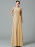 A-Line/Princess Scoop Ruched Sleeveless Long Chiffon Bridesmaid Dresses TPP0005442