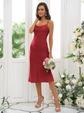 Sheath/Column Charmeuse Ruched Spaghetti Straps Sleeveless Tea-Length Bridesmaid Dresses TPP0004936