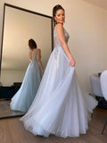A-Line/Princess V-neck Beading Tulle Sleeveless Floor-Length Dresses TPP0001489
