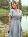 A-Line/Princess Chiffon Ruffles V-neck Short Sleeves Floor-Length Bridesmaid Dresses TPP0004977
