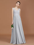 A-Line/Princess V-neck Sleeveless Floor-Length Chiffon Lace Bridesmaid Dress TPP0005698