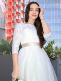 A-Line/Princess Lace Applique Scoop 3/4 Sleeves Floor-Length Junior Bridesmaid Dresses TPP0005859