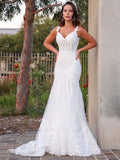 Trumpet/Mermaid Tulle V-neck Sleeveless Applique Sweep/Brush Train Wedding Dresses TPP0005899