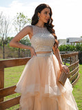 A-Line/Princess Tulle Beading Scoop Sleeveless Floor-Length Two Piece Dresses TPP0001419