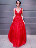 A-Line/Princess Tulle V-neck Floor-Length Applique Sleeveless Dresses TPP0001456