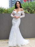 Trumpet/Mermaid Tulle Applique Off-the-Shoulder Long Sleeves Sweep/Brush Train Wedding Dresses TPP0006069