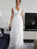 A-Line/Princess V-neck Short Sleeves Lace Ruched Floor-Length Wedding Dresses TPP0005984