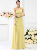 A-Line/Princess One-Shoulder Pleats Hand-Made Flower Sleeveless Long Chiffon Bridesmaid Dresses TPP0005131