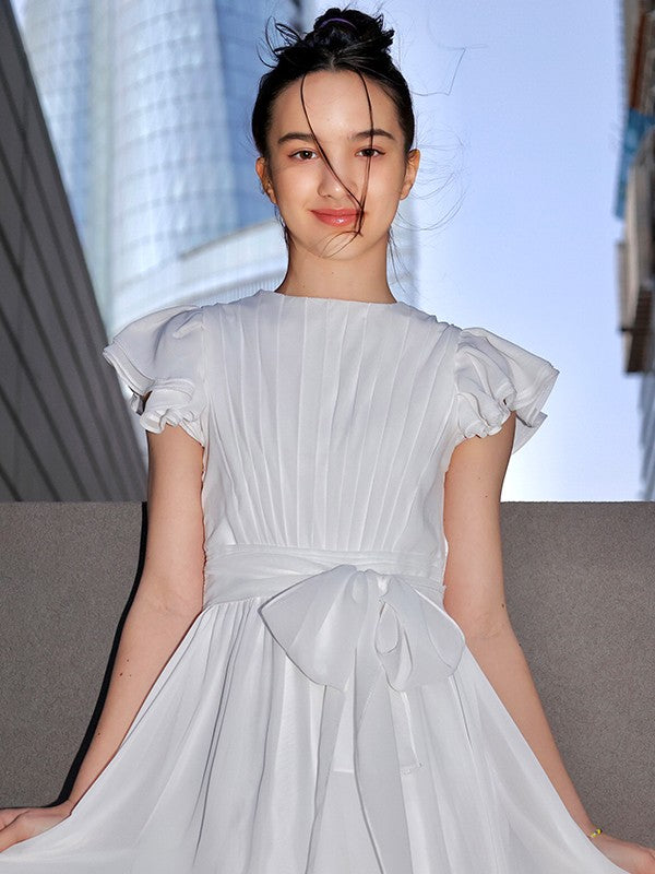 A-Line/Princess Chiffon Ruffles Scoop Short Sleeves Floor-Length Junior/Girls Bridesmaid Dresses TPP0005874