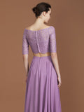 A-Line/Princess Lace Off-the-Shoulder 1/2 Sleeves Floor-Length Chiffon Bridesmaid Dress TPP0005799
