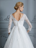 Ball Gown V-neck 3/4 Sleeves Court Train Lace Tulle Wedding Dresses TPP0006428