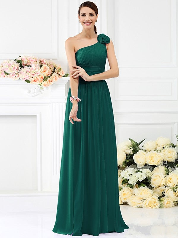 A-Line/Princess One-Shoulder Pleats Hand-Made Flower Sleeveless Long Chiffon Bridesmaid Dresses TPP0005131